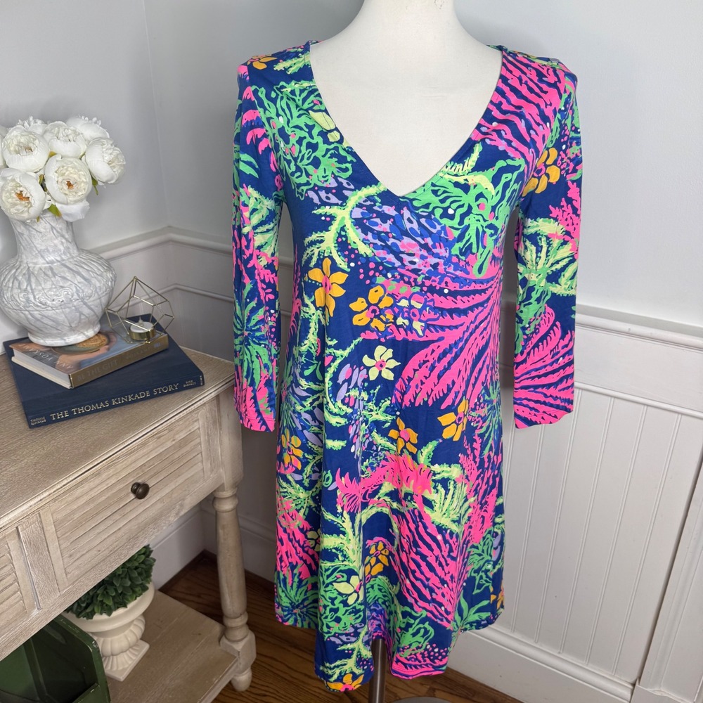 Lilly Pulitzer Pima Cotton V-Neck T-Shirt Dress Tropical Floral 3/4 Sleeve S